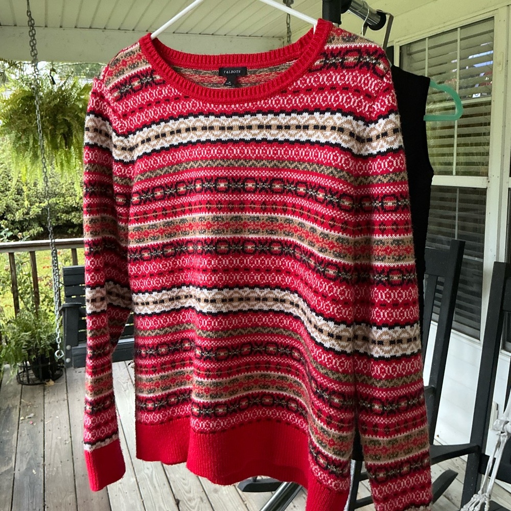 Talbots Women’s Medium Fair Isle Sweater Red Multi Long Sleeve Cotton Blend
